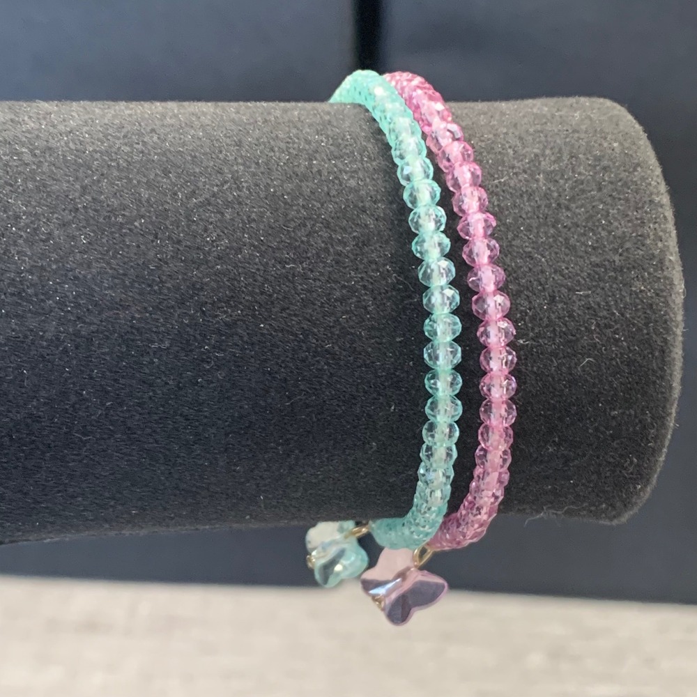 Pastel Pink and Mint Green Beaded Stretch Bracelet Set with Butterfly Charms